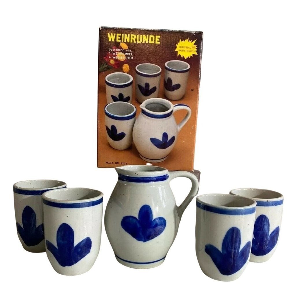 VTG Weinrunde German Stoneware Wine Pitcher & 4 Cups Blue Gray Folk Art 70s 80s